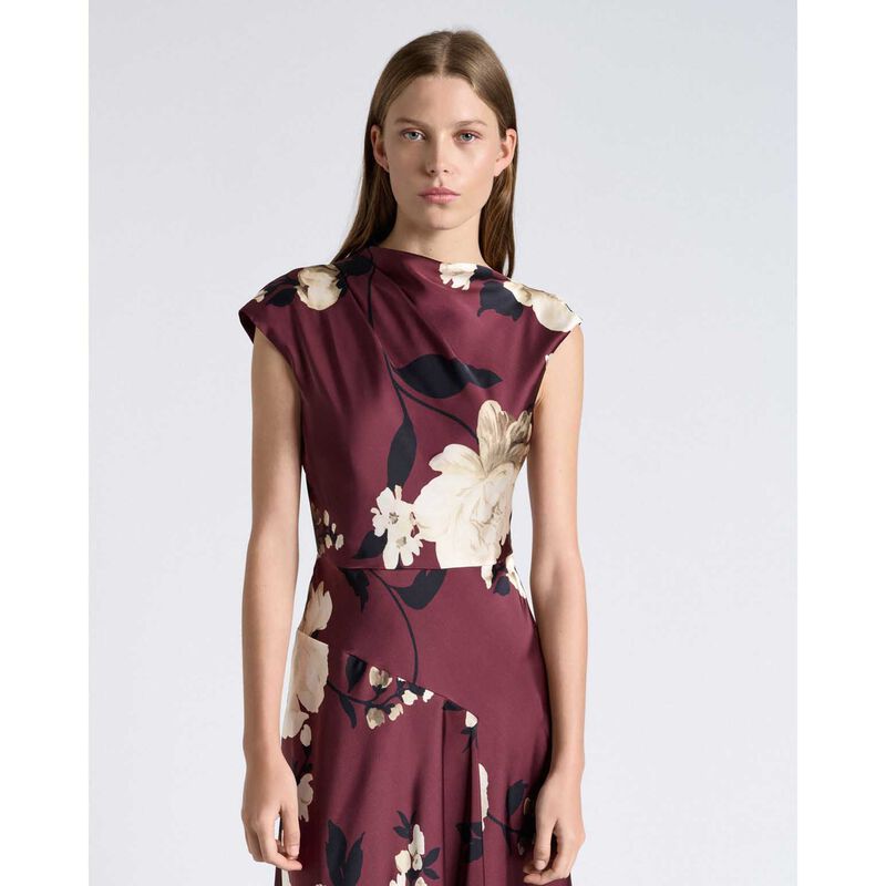 Cue Maroon Peony Draped Midi Dress image number 3